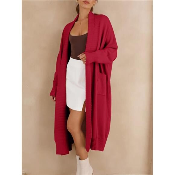 Womens Long Cardigan Sweaters with Pockets Wine Red - Picture 5 of 5